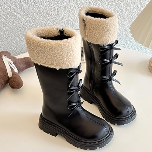 Riding Boots Girls Winter Fur Lined High Tall Boots with Bowknots Warm Sherpa Lined Lug Sole Leather Combat Boot4