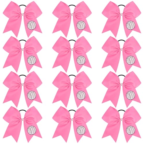 12 PCS Volleyball Cheer Bows 8 Large Hair Bows Ponytail Holders for Girls Cheerleader Sports Team Spirit Accessories Game Day School Party Handmade Glitter Streamer Hair Ribbons Bulk