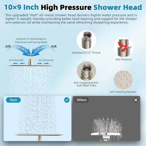 Hibbent cUPC Certified High Pressure 10'' Rainfall Shower Head, Showerhead Combo with 4-mode Handheld Spray, 12'' Adjustable Extension Arm, Extension Bar, Easy Reach Holder, 71'' Hose, Brushed Nickel by Hibbent - Image 3