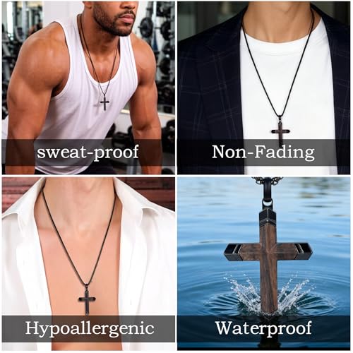 Image of Wooden Cross Necklace for Men with Stainless Steel Adjustable Chain 24-26in, Christian Wood Crucifix Pendant Gift for Him