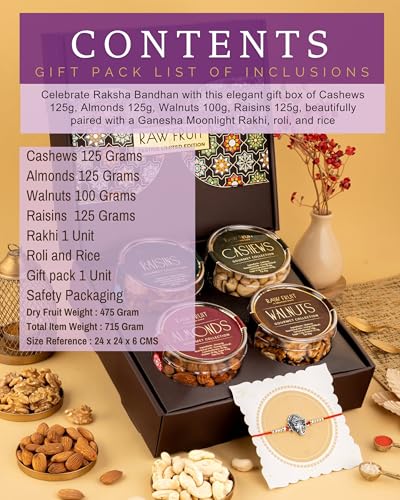 Image of HyperFoods Rakhi Gift For Brother Dry Fruits Combo Pack of 4 Dryfruits Cashews Almonds Walnuts Raisins 475 Grams Dryfruits Gift Pack Ganesha Rakhi with Roli & Rice