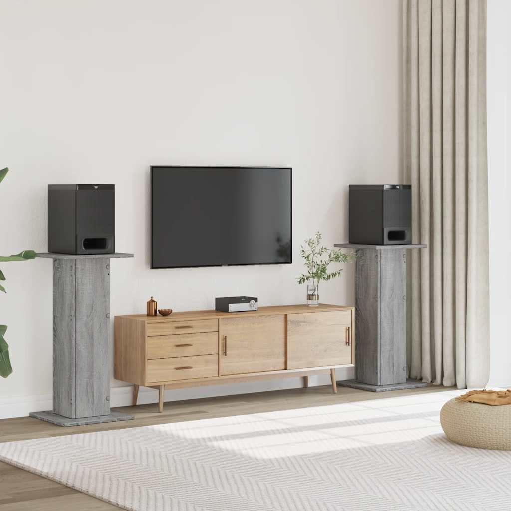 Set di 2 supporti per altoparlanti, in legno, altezza regolabile 95 cm, treppiede da pavimento per altoparlanti HiFi, grigio Sonoma, piastra 30 x 30 cm