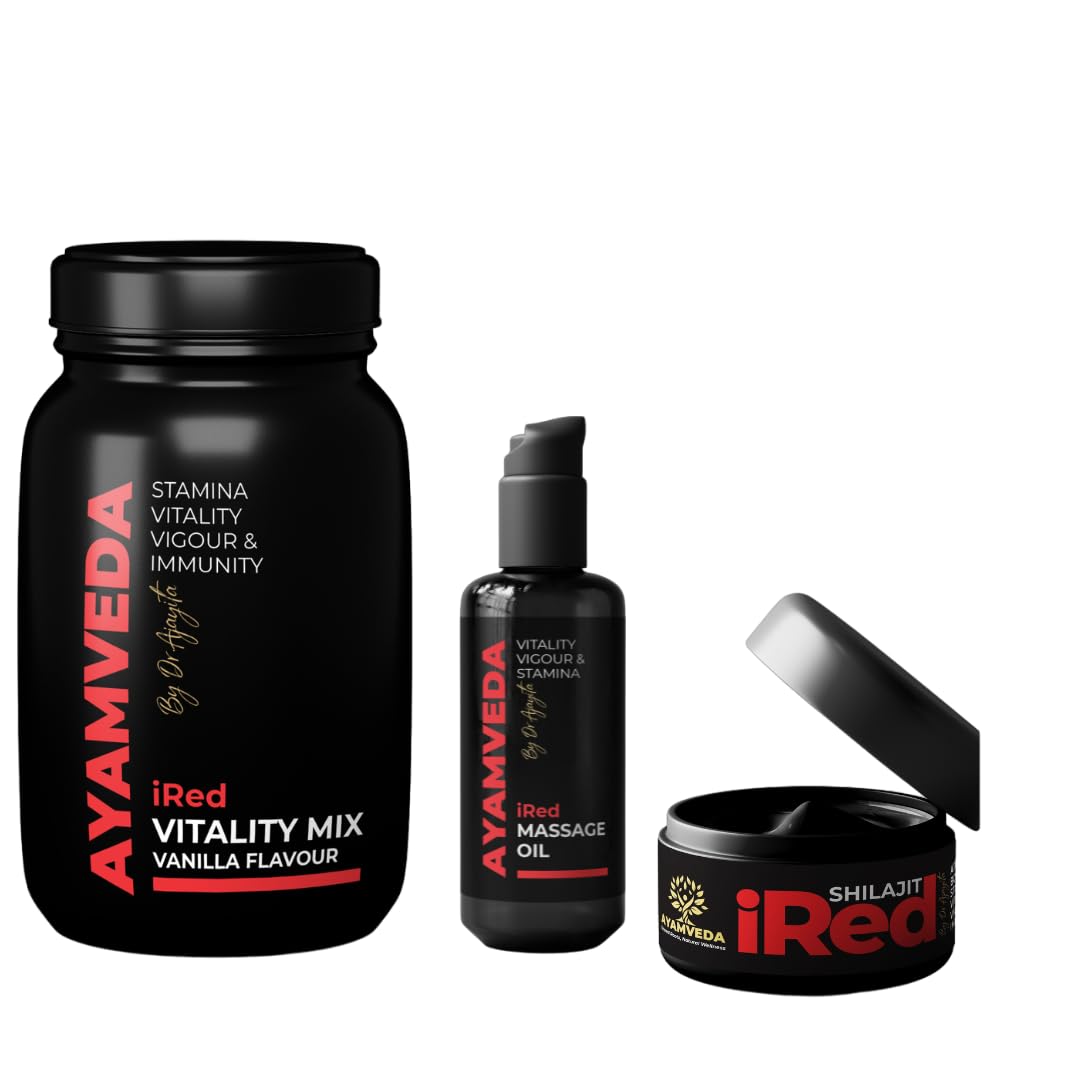 AyamVeda by Dr. Ajayita – iRED Combo | Massage Oil, Vitality Powder & Shilajit Resin | Supports Men's Wellness, Energy & Vitality (1-Month Supply)