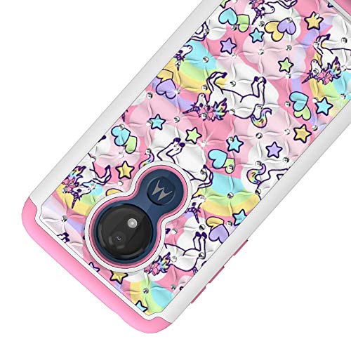 Moto G7 Power Case, Motorola G7 Power Case For Girls Women, Rainbow Unicorn Design Heavy Duty Shockproof Studded Rhinestone Crystal Bling Hybrid Case Silicone Armor For Motorola Moto G7 Power #TOP3
