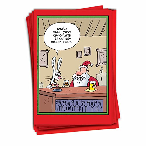 NobleWorks - 12 Cartoon Merry Christmas Cards Funny - Happy Holiday Greetings, Boxed Bulk Set (1x12 Design) Santa Easter Bunny Laxative Eggs B1771