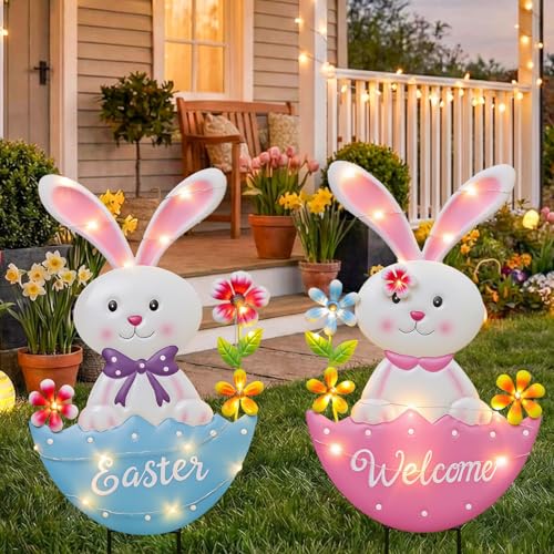 ooLALoo Easter Decorations Outdoor, 25 Inch Cute Bunny Flowers Decorative Garden Stakes for Easter Decor, Welcome Metal Yard Sign for Home Spring Outside Garden Front Porch Lawn Backyard