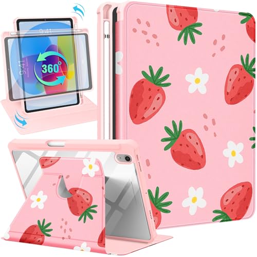 Uppuppy for Apple iPad mini 6 Case, for iPad mini 6th Generation Cases Cute Folio Cover Pencil Holder Girls Women Kawaii Strawberry Girly Unique Rotating Stand for Apple Mini 6/A17 Pro Case 8.3 Inch