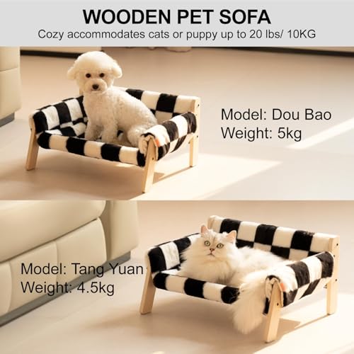 MEWOOFUN Erhöhtes Katzenbett Sofa aus Holz, 56x45cm robust großes Katzensofa – modischer Katzenstuhl mit abnehmbarem Matratzenbezug Belastbar mit 10 kg (Schachbrett, 56x45cm)