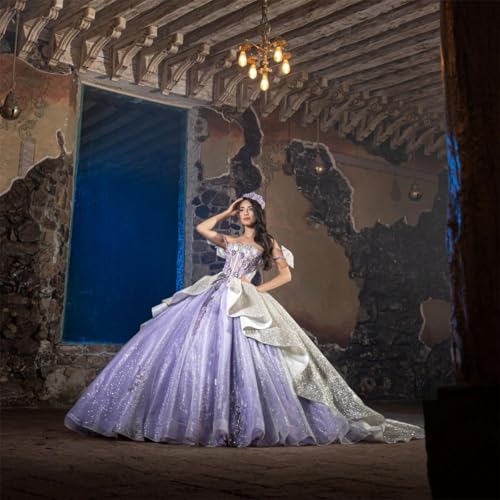Zhangyo Sparkle Tulle Quinceanera Dresses with Bow Lace Appliques XV Dresses with Train Tulle Beaded Sweet 16 Dresses3