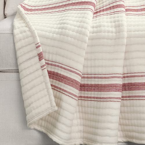 Image of Lush Decor Farmhouse Stripe Kantha Pick Stich Yarn Dyed Cotton Woven Throw Reversible Ticking Pinstripe Design Blanket, 50 inch x 60 inch, Red