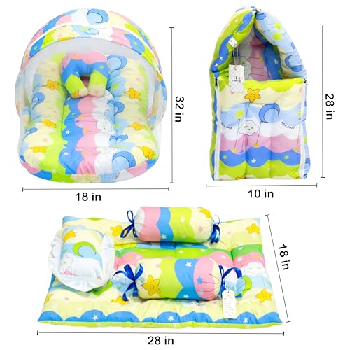 Image of Fareto Combo of Baby Bed with Net | Carry Bag | 4 Pcs Bedding Set (0-6 Months, Baby Size, Cotton) (Blue NEW Star)