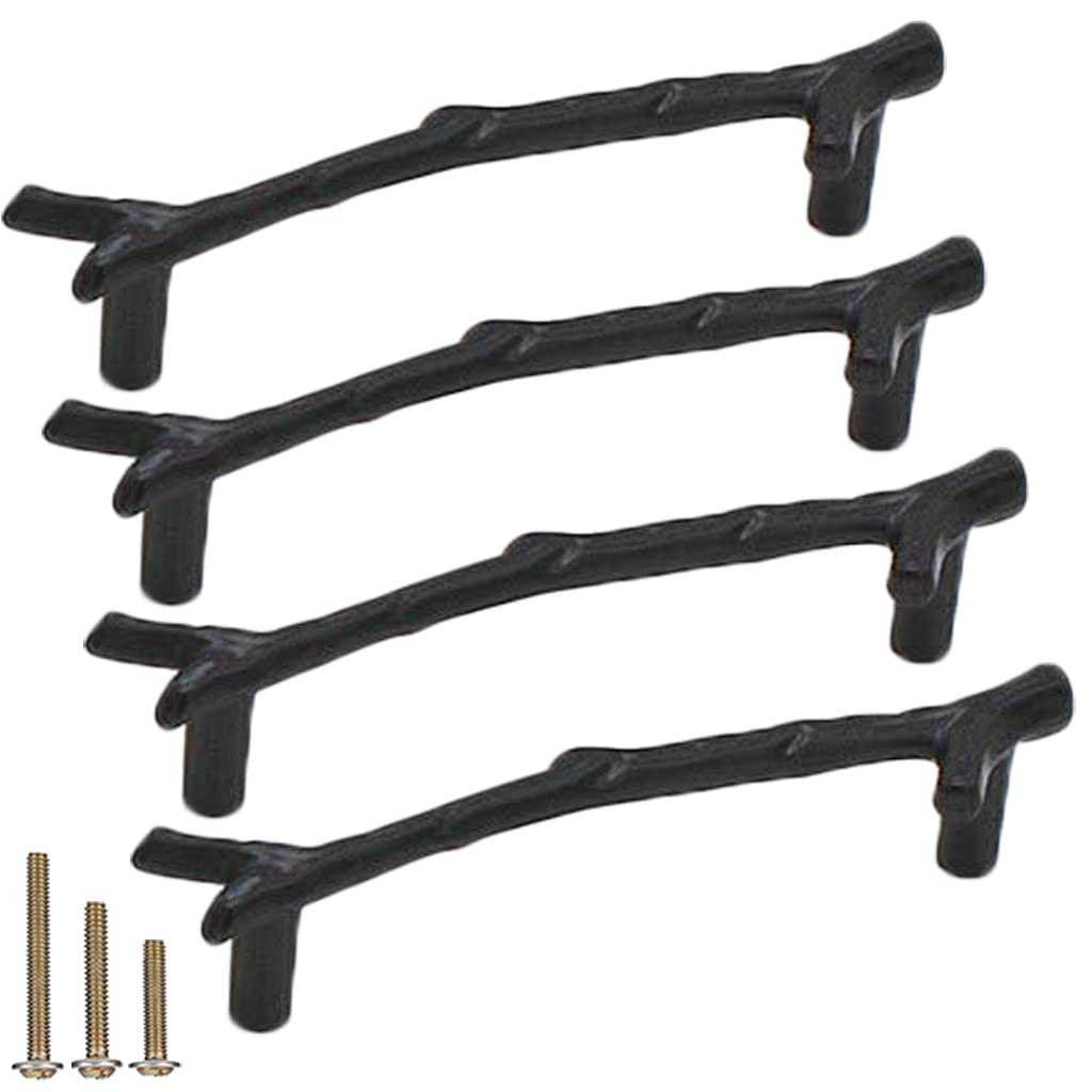 4Pcs Large Vintage Tree Twig Branch Cabinet Knobs Pulls Handles,Zinc Alloy Drawer Pull Handle for Farmhouse Cabin Mountain House Kitchen Cupboard Wardrobe (4 Pack, Hole Distance 5", Black)