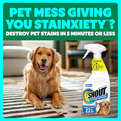 Image of Shout Pet Stain Remover Spray, Color-Safe Multisurface & Carpet Cleaner Solution for Dog & Cat Urine, Feces, Vomit & Mud, Fights Odors & Remarking, Fast-Acting Cleans in 5 Minutes or Less, 22oz