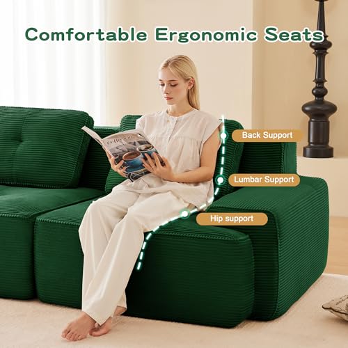 Image of 153 inch U-Shaped 4-Seater Modular Boneless Couch with 2 Ottomans, Premium Corduroy Upholstery, Deep Seat Cloud sectional Sofa, No Assembly Anti-Slip Design, Green
