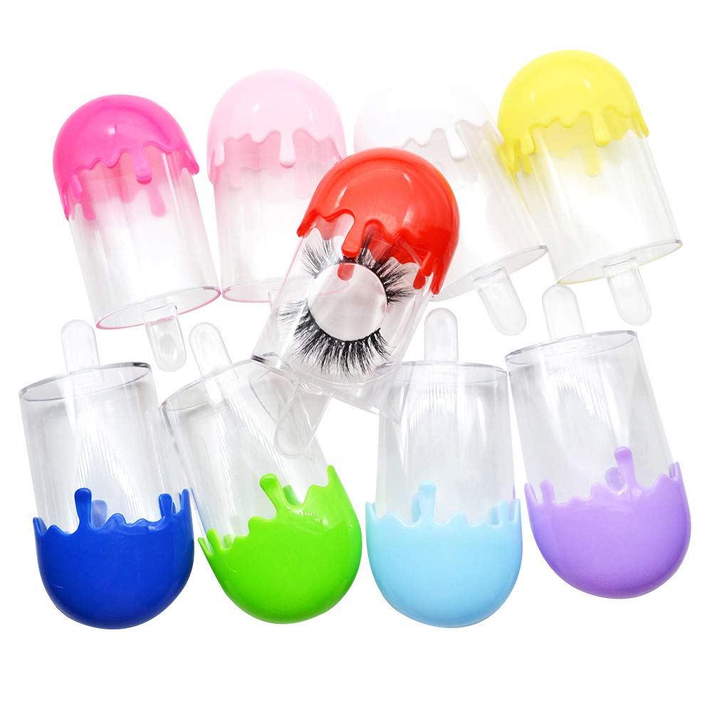 ORYOUGO10 Pieces Cute Ice Cream Shape Eyelash Storage Boxes Melted Popsicle Empty False Mink Lashes Packaging Case with Clear Tray Travel Makeup Sample Container for Woman, Girls, Random Color