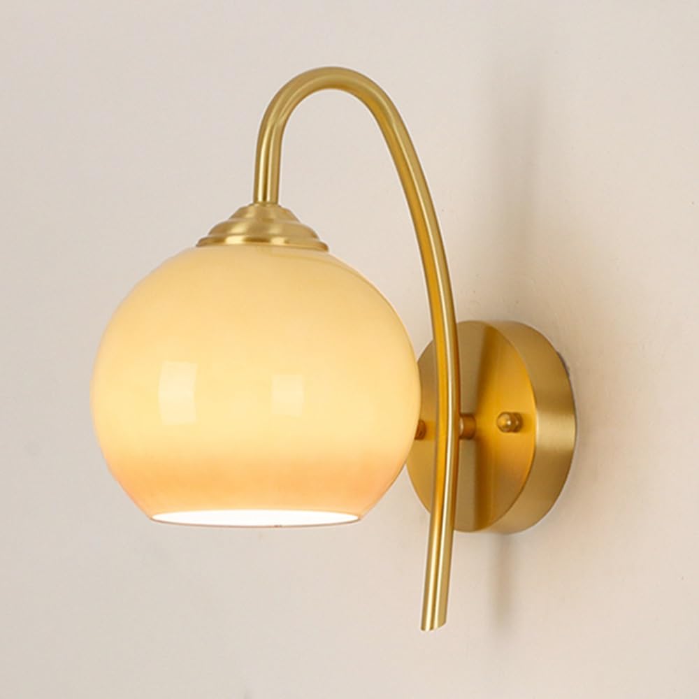 SXWNBIFH Copper Wall Sconce with Orange Glass Globe, Mid-Century Modern Wall Light, Bathroom Vanity Lamp E27 Socket Fixture for Bedroom Living Room Hallway Restaurant(B)