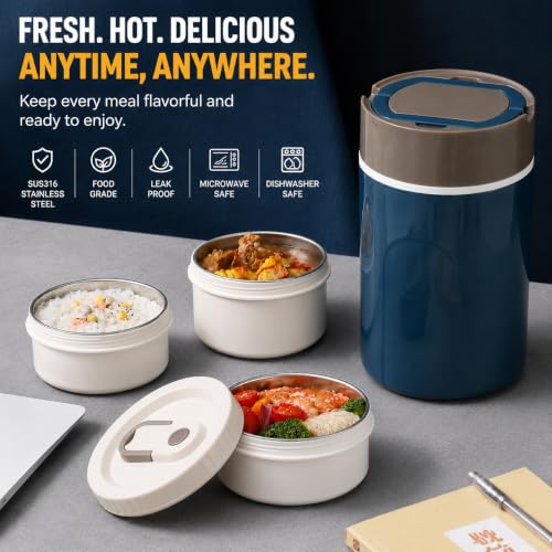 Image of YELONA 3 Layer Vacuum Insulated Lunch Box with SUS316 Stainless Steel Containers 1400 ML | Leak-Proof Food Storage Tiffin | Thermal Hot Food Lunch Box for Office, School & Travel - Blue