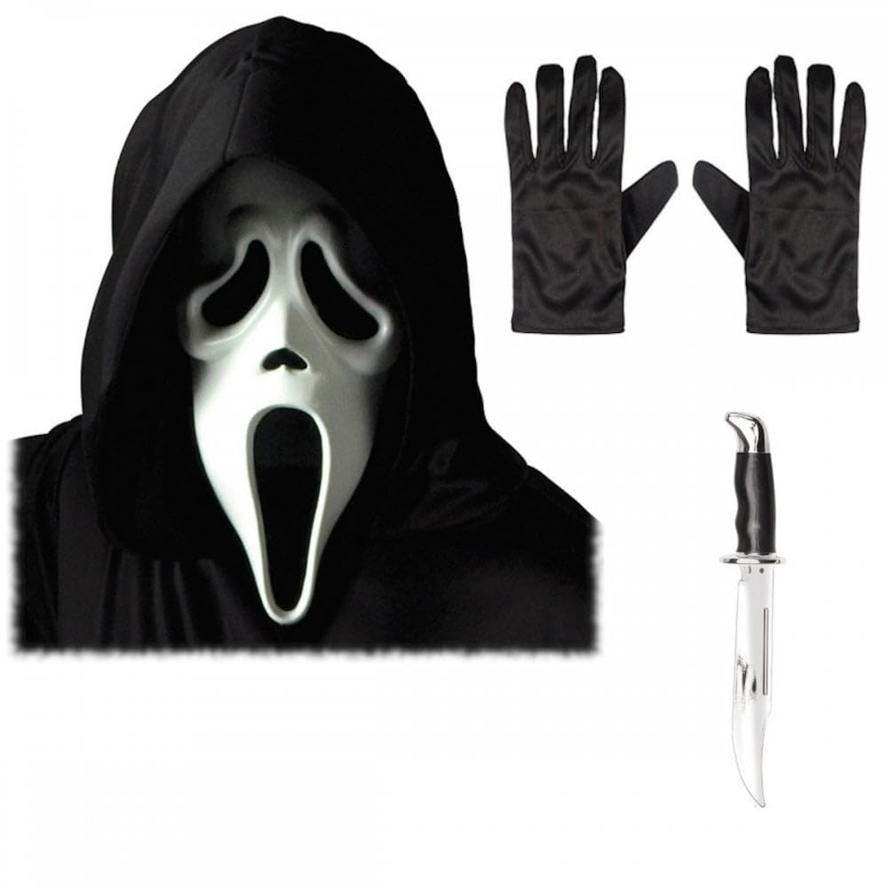 A2ZFD Adult Unisex Official Scream/Ghost Face Mask with Hood + Black Gloves + Scream Knife : Halloween Horror Film Theme Fancy Dress Costume Accessory Set