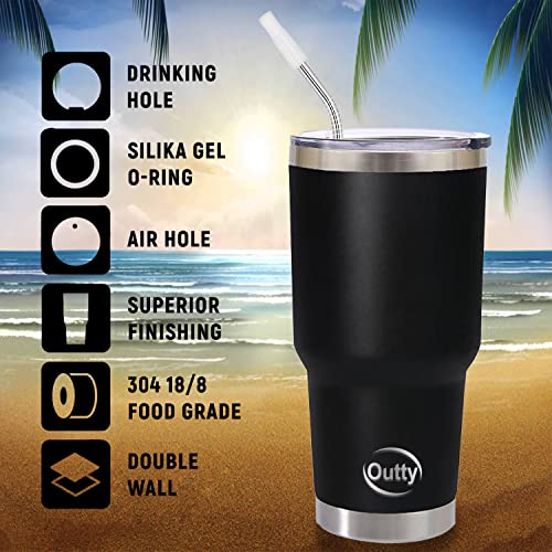 Outty 30Oz Stainless Steel Tumbler Insulated Coffee Cup Double Wall Vacuum Insulated Tumbler Powder Coated Travel Mug For Hot Or Cold Drinks With Lid And Straw, Black… #TOP4