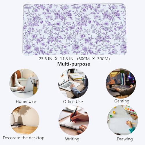 Image of Purple Chinoiserie Mouse Pad,Vintage Purple and White Floral Desk Mat,XL Large Vintage Flowers Preppy Mouse Pad,Girly Laptop Desk Mat for Dorm Home Office,23.6x11.8 Inch