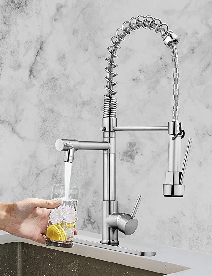 Kitchen Sink Faucet, Serimer Solid Brass Kitchen Faucet with Pull Down Sprayer, Commercial Brushed Nickel Spring Kitchen Sink Faucet with Deck Plate, Single Handle Faucet for Kitchen Bar Sink