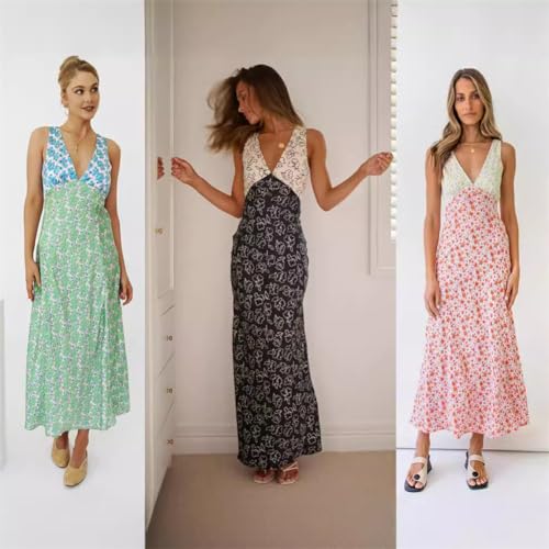 Image of Women Midi Dress Bohemian V Neck Long Dress Sleeveless Floral Print Maxi Dress, Women Y2k Floral Deep V Neck Maxi Dress