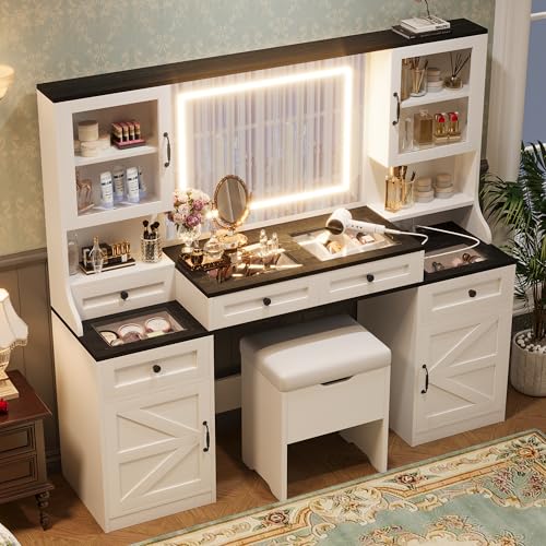 Image of JIVOIT Farmhouse Vanity Desk with Mirror, 61.5 inch Makeup Vanity Table Set with Glass Visual Desktop and Cushion Stool, Dressing Table with 5 Drawers and 4 Cabinets for Room