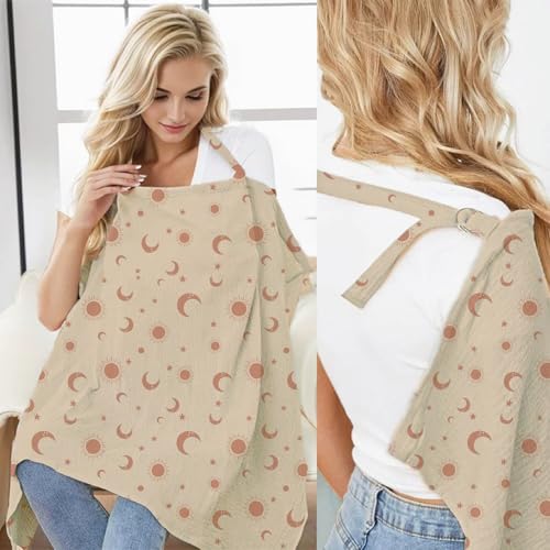 Image of Neblueum Muslin Nursing Cover for Breastfeeding Moms - 100% Cotton Lightweight & Breathable Privacy Shawl with Adjustable Rigid Hoop | Multi-use Apron (Sun,Moon&Stars)