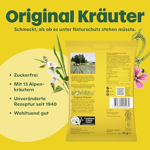 Ricola Original Kräuter, 75g Beutel Original Schweizer Kräuter-Bonbons mit 13 Schweizer Alpenkräutern, zuckerfrei, 1 x 75g, vegan