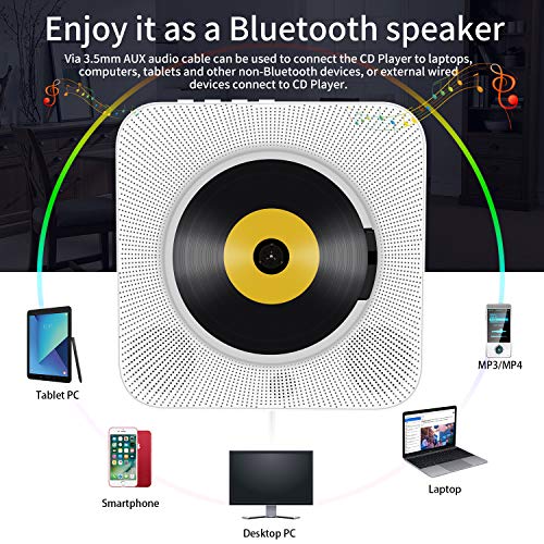 Portable CD Player with Bluetooth, Wall Mountable CD Music Player Home Audio Boombox with Remote Control FM Radio Built-in HiFi Speakers, MP3 Headphone Jack AUX Input Output (White)