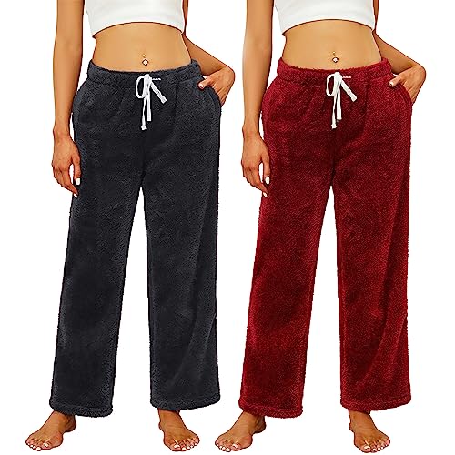 HEARTNICE 2er Pack Pyjamahose Damen lang Plüsch weiche Schlafhose flauschige Schlafanzughose Fleece Pyjama Hose Schlafanzug Hose Haushose Lockere Hosen (Schwarz+Weinrot, M)