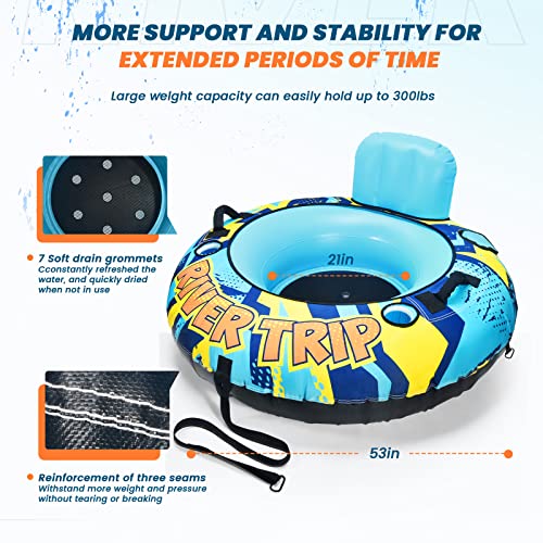 Sulduo 53" Heavy Duty River Tube With Premium Canvas Cover, Inflatable Water Tubes For Floating, Tubing Floats For River Pool Lake, River Rafts With 2 Cup Holders, 2 Grip Handles For Adults #TOP4