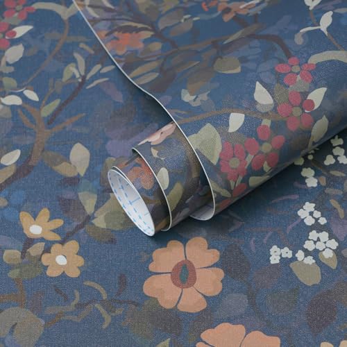 Ismoon Vintage Floral Peel and Stick Wallpaper Blue Contact Paper Boho Wall Paper Dark Navy Flower Removable Self Adhesive Vinyl Wallpaper for Cabinets Shelves Bedroom Wall Decor 17.3x78.7in