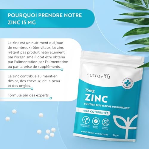 Zinc 15mg - 400 comprimés végétaliens - 1 an+ d'approvisionnement - Zinc 15mg - Supplément de zinc pour maintenir le système immunitaire, les os, les cheveux, la peau et les ongles normaux - Nutravita – Image 3