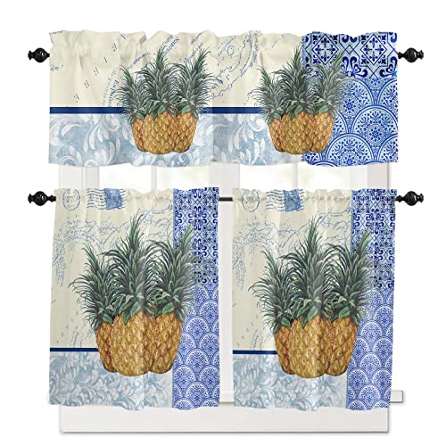 Valance Curtains - Summer Pineapple Window Treatment Tiers Rod Pocket, Blue White Porcelain Texture Window Valances Kitchen Living Room Curtain Sets 3 Panels (54In X 24In), Tier Curtains #TOP20