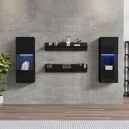 Merax Wohnwand 4-Teilig Set, Wohnwand Komplett-Set in Schwarz Hochglanz, LED-Wandschrank und 2 Regale, Vitrinen aus gehärtetem Glas, Moderne Anbauwand Schrankwand mit viel Stauraum für Ihr Wohnzimmer – Bild 4