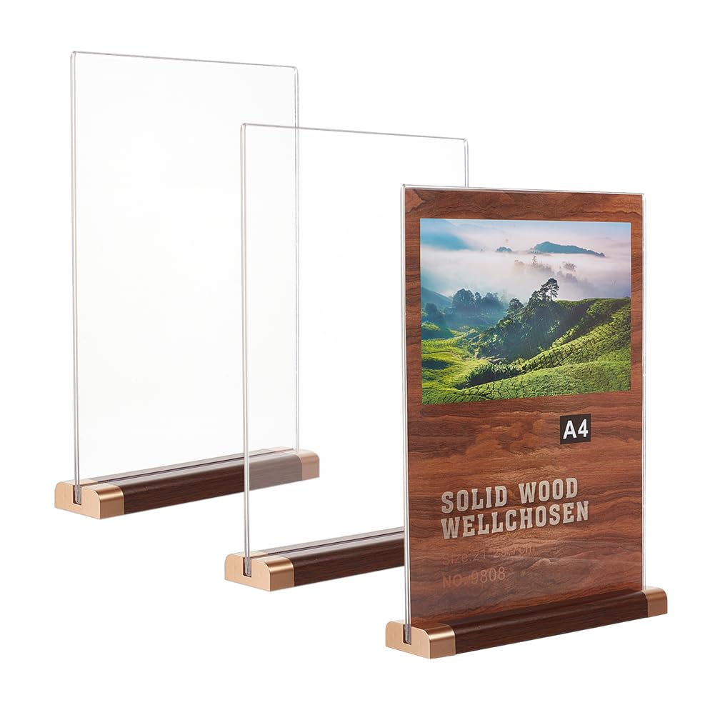 OLYCRAFT Paquete de 3 soportes acrílicos para letreros de 21,2 x 30,7 cm, soporte transparente de doble cara en forma de T, soporte de letrero de mesa con base de madera para el hogar, restaurantes