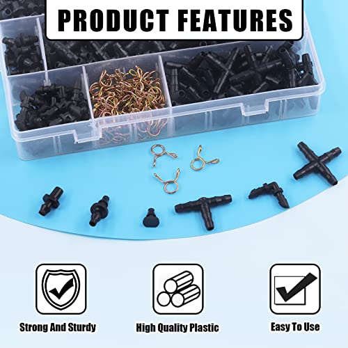 Glarks 380Pcs Barbed Connectors Irrigation Fittings and 7mm Spring Clips Kit for 1/4 Inch Water Hose Connectors - Image 3