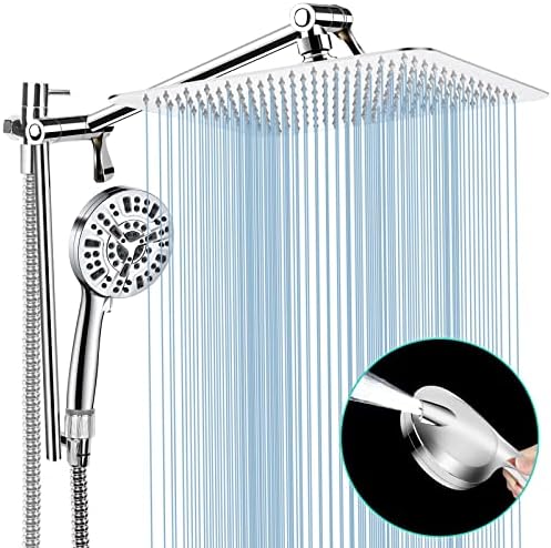 Shower Head with Handheld, 10'' High Pressure Rain Shower Head/10 Modes Handheld Shower Heads Power Wash Back with 11'' Extension Arm, Holder, 5ft Hose, Flow Regulator, Chrome, Height/Angle Adjustable