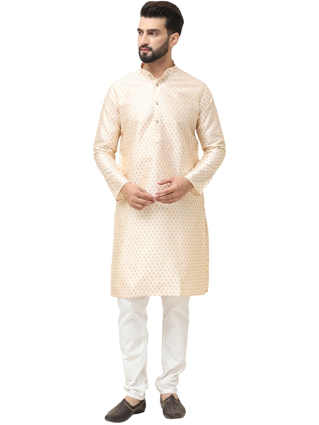 Sojanya (Since 1958 Men's Silk Blend Cream Self Design Kurta With Off White Pyjama Set