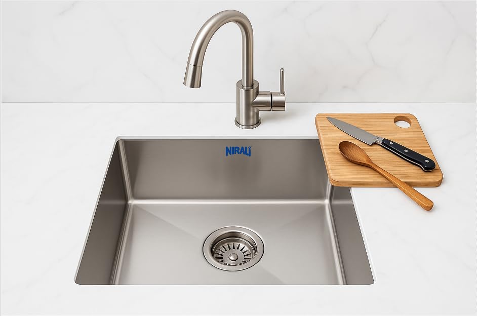 Image of NIRALI Kitchen Sink 24 inch x 18 inch x 9 inch Square 304 Stainless Steel | Single bowl Sink Round Coupling | Rust & Stain Resistant | Matt Finish | Minimizes Sound Molly Square Sink (SS-304)(Molly - 24 inchx18 inchx9 inch)