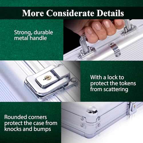 HOMASIS Pokerset mit 500 Chips, Poker Koffer mit 2 Kartendecks, 5 Würfel, Kasino-Matte, 3 Dealer Button, abschließbar Pokerkoffer Profi aus Alu, Komplettes Poker Set Pokerkarten für Partys (Silver) – Bild 7