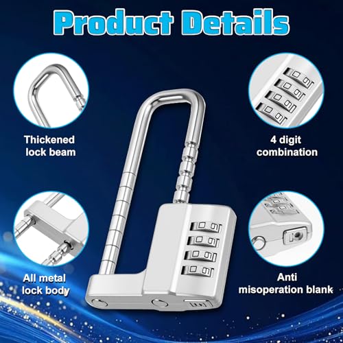 Afcabakila 2Pcs 4Digit Combination Cabinet Lock U Shaped Code, Stainless Steel Adjustable Padlock with Code, Waterproof Metal Long Shackle Lock Retractable for Outdoor College Fences Sports Locker Gym by Afcabakila - Used condition - Image 3