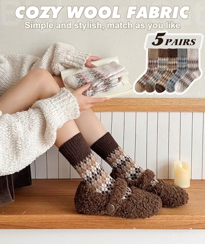 Image of IIG 5 Pairs Women's Vintage Style Thick Wool Warm Winter Crew Socks