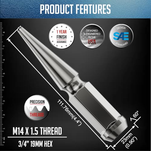 Image of Wheel Accessories Parts 32 Pcs + 1 Key M14x1.50 14x1.50 Thread Spike Hex 4.40 inch Long Lug Nuts Chrome 3 /4 inch 19mm Hex Fits Ford F250 /350 Super Duty Silverado Sierra 2500 3500 Ram 2500 3500