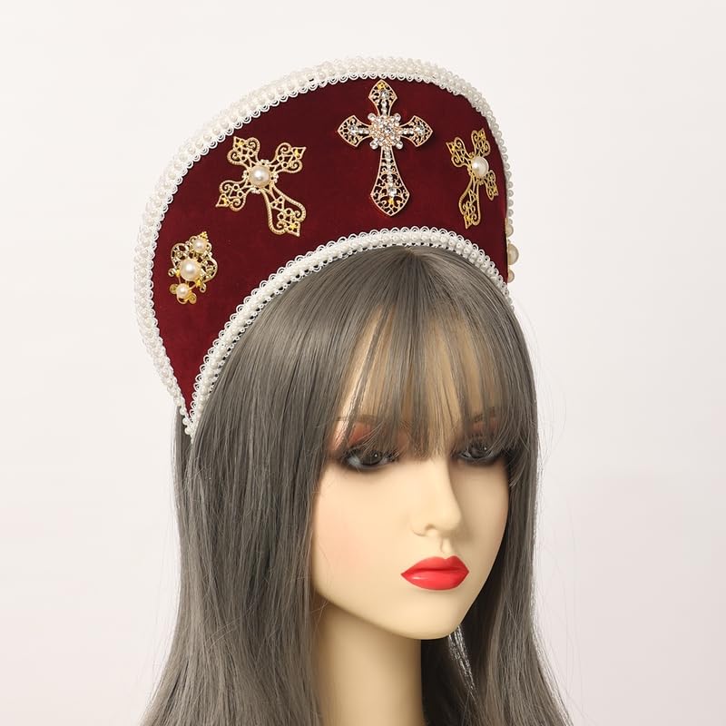 COSDREAMER Women Cross Tudor Renaissance Headdress Royal French Hood Coronet Headdress (red) - Image 3