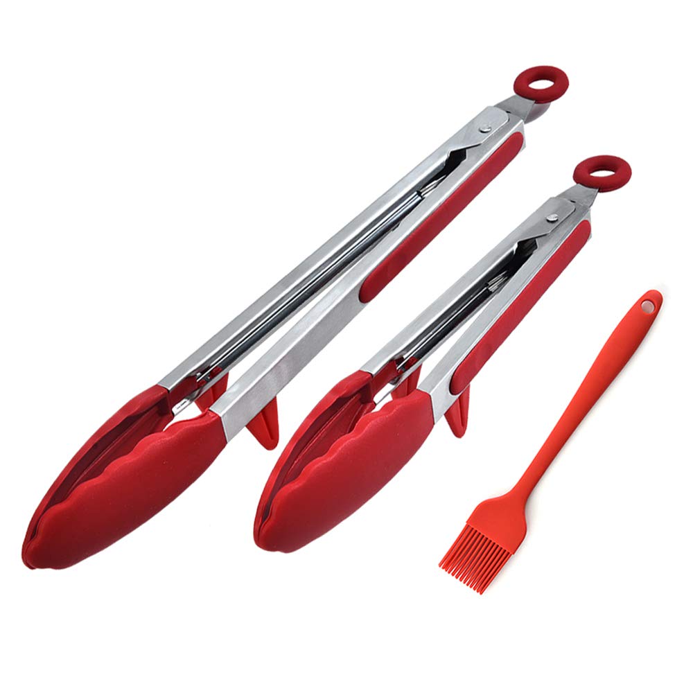 Kitchen Tongs for Cooking with Silicone Tips, Premium Stainless Steel Locking Kitchen Tongs with Stand for Baking, BBQ and Salad (12-Inch & 9-Inch Tong, Plus 8-Inch Pastry Brush, Red)
