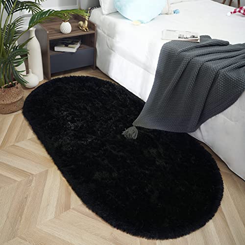 Tapete ovalado de felpa suave ISEAU, 2.6 x 5.3 ft, negro miniatura 1