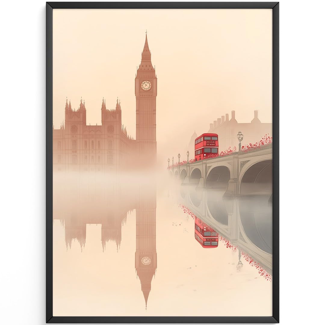 MJ-GRAPHICS® Poster Big Ben Kunstdruck London Bus Wandbild minimalistisch Beige Wohnzimmer Deko reflektierende Szene urbaner Stil klassisch urbane Ästhetik A2 mit braunem Rahmen