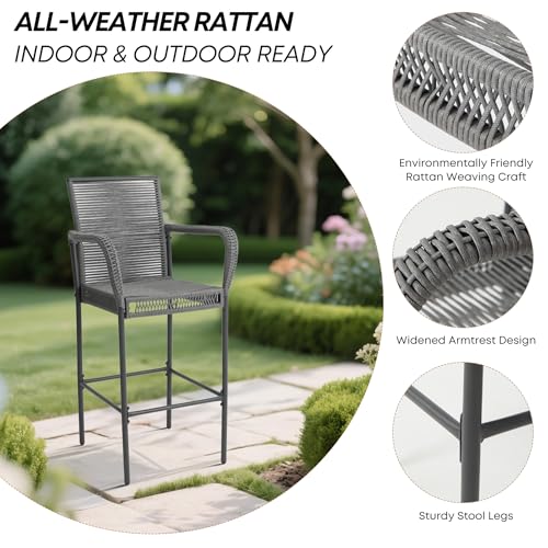 Image of Outdoor Bar Stools Set of 2, Patio Bar Stools with Armrests, All Weather Wicker Rattan Bar Chairs with Backrest for Backyard, Garden, Pool, Balcony and Deck (Light Gray)